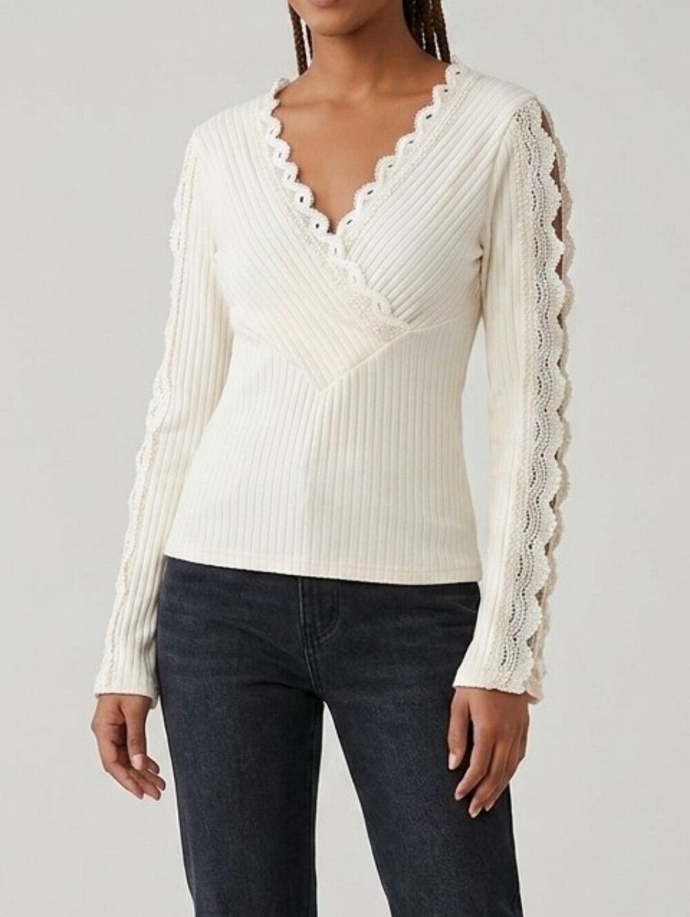 Ivory Cream Lace Trim Ribbed Surplice Long Sleeve Sweater Top - Small - NWOT!